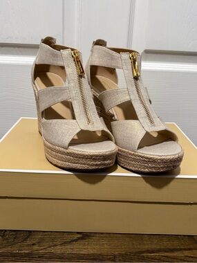 Michael Kors Beige Espadrille Zip Wedge Sandals